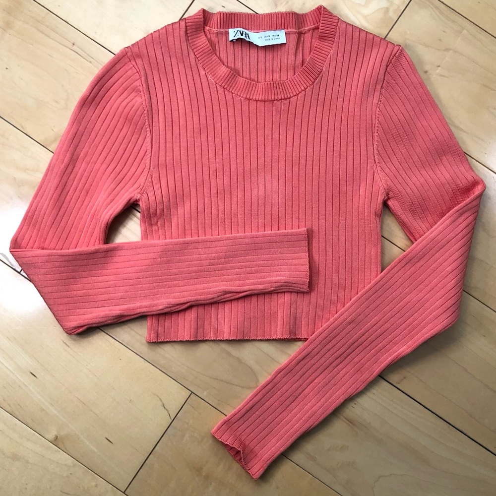 Zara Peach Coral ribbed long sleeve metallic crew neck crop top knit sweater Sm